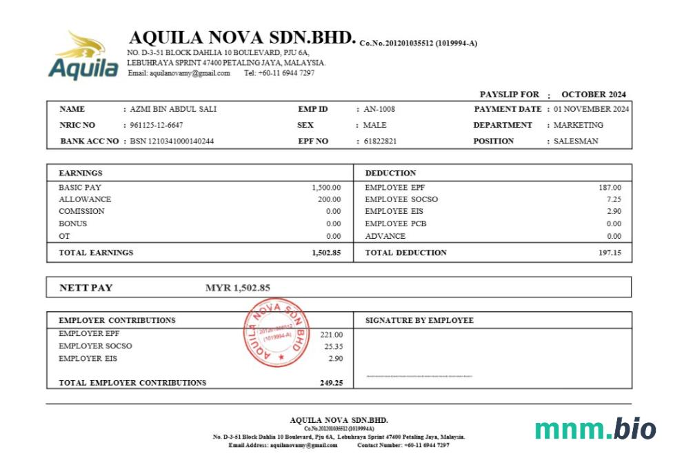 Konsultant Aquila Nova w Singapurze szablon odcinka wypłaty w formatach Word i PDF